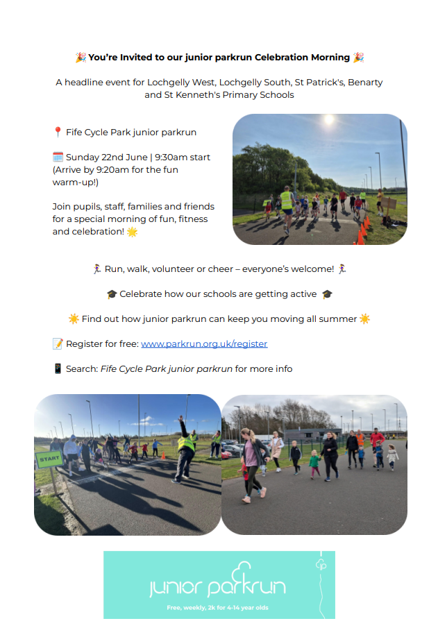 Fife Active Schools (@fifeactivesch) on Twitter photo 🏃JUNIOR PARKRUN
❓2km run, jog or walk for 4-14yr olds
📍FIFE CYCLE PARK
⏲️9.30AM
📅EVERY SUNDAY
This Sunday Junior ParkRun is a special headline event for pupils from <a href="/LochgellyWestPS/">Lochgelly West Primary School and Nursery</a> <a href="/LochgellySouth/">Lochgelly South Primary School and Nursery</a> <a href="/StKennethsRCPS/">St Kenneth's RCPS</a> <a href="/StPatricksRCPS/">St Patricks RCPS</a> @BenartyPS
😃Everybody welcome 🏃JUNIOR PARKRUN
❓2km run, jog or walk for 4-14yr olds
📍FIFE CYCLE PARK
⏲️9.30AM
📅EVERY SUNDAY
This Sunday Junior ParkRun is a special headline event for pupils from <a href="/LochgellyWestPS/">Lochgelly West Primary School and Nursery</a> <a href="/LochgellySouth/">Lochgelly South Primary School and Nursery</a> <a href="/StKennethsRCPS/">St Kenneth's RCPS</a> <a href="/StPatricksRCPS/">St Patricks RCPS</a> @BenartyPS
😃Everybody welcome