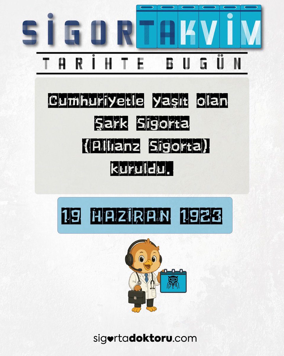 📅 19 Haziran 1923
Cumhuriyetle yaşıt, köklü bir sigorta şirketi doğdu:
Şark Sigorta (bugünkü Allianz Sigorta) kuruldu.
Sigorta sektörümüzün temellerinden biri olan bu önemli tarihi saygıyla anıyoruz. @allianzturkiye 

#SigorTakvim #TarihteBugün #AllianzSigorta #ŞarkSigorta