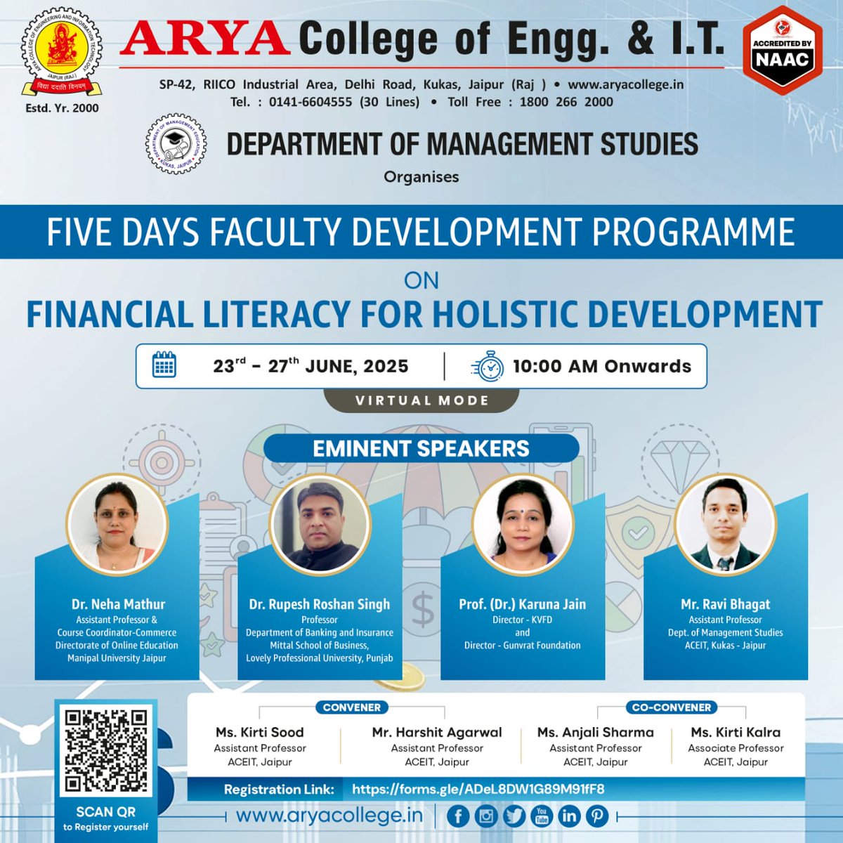 aryacolleges's tweet image. #AryaCollege, is organizing 5 Day #FacultyDevelopmentProgramme on #FinancialLiteracy for #HolisticDevelopment from 23rd-27th June 2025. The programme aims to enhance financial knowledge & awareness among faculty members for better decision-making in personal and professional life
