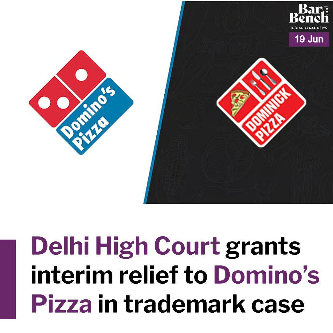Bar and Bench (@barandbench) on Twitter photo The Delhi High Court recently granted interim relief to popular pizza chain, <a href="/dominos/">Domino's Pizza</a>, by restraining 15 entities (defendants) from using deceptively similar marks such as āDomnicāsā, āDominicā, āDominicās, āDomnikā, āDaminicā, āDaminicāsā, etc. to market their pizza products. The Delhi High Court recently granted interim relief to popular pizza chain, <a href="/dominos/">Domino's Pizza</a>, by restraining 15 entities (defendants) from using deceptively similar marks such as āDomnicāsā, āDominicā, āDominicās, āDomnikā, āDaminicā, āDaminicāsā, etc. to market their pizza products.