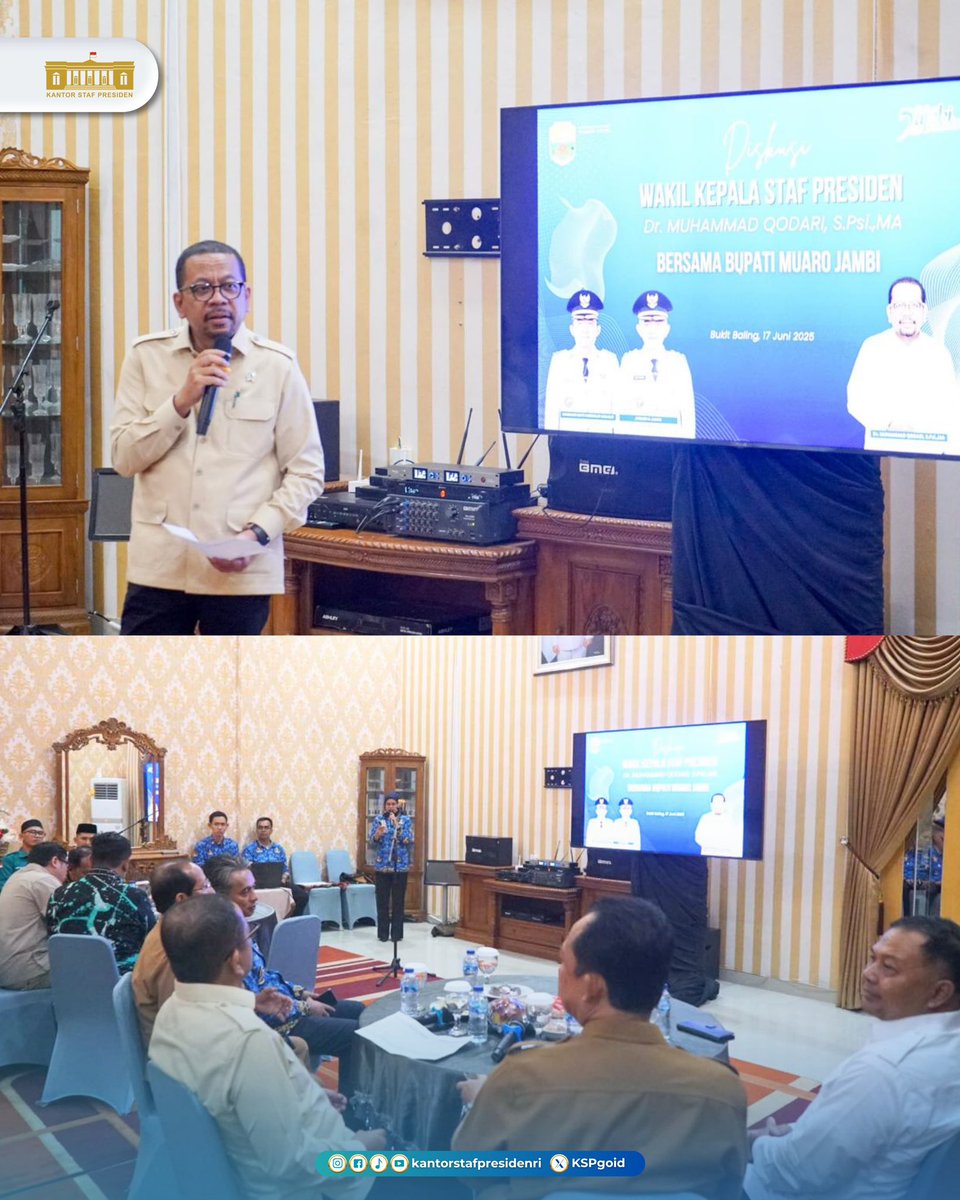KSPgoid's tweet photo. Wakil Kepala Staf Kepresidenan, M. Qodari, melakukan kunjungan kerja ke Kantor Bupati Muaro Jambi, Selasa (17/6) dan mendorong percepatan pembentukan Koperasi Desa/Kelurahan Merah Putih (KDKMP) di Kab. Muaro Jambi.โฃ
โฃ
#KSP #UpdateKSP #KoperasiDesaMerahPutih #EkonomiDesa https://t.co/VWN9vvSNXr