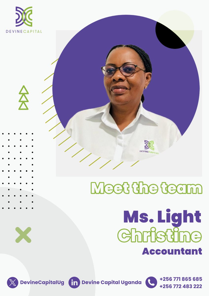 DevineCapitalUg's tweet photo. Meet Ms. Light. Christine, our experienced accountant at Devine Capital. A CPA holder with over 30 years in audit and finance, Christine brings deep expertise and leadership to the team. 

#MeetTheTeam #FinanceLeadership #TeamDevine https://t.co/EZKxcT85Q9