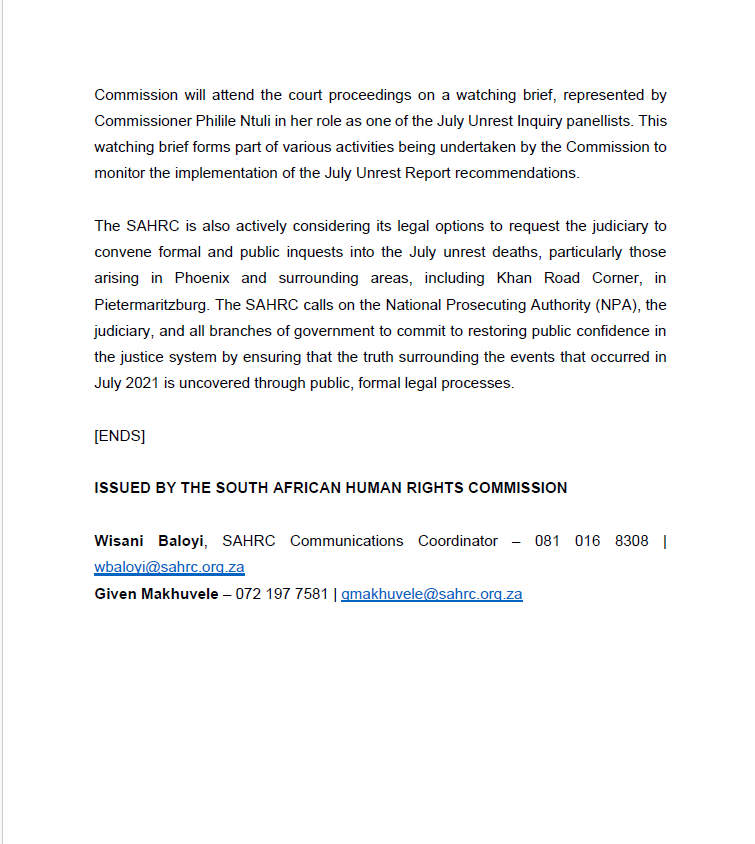 SAHRC attends July Unrest Court proceedings