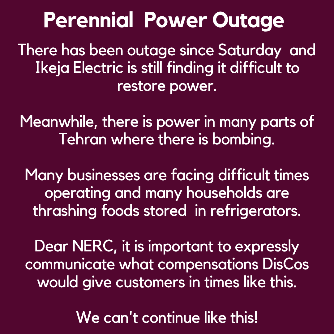 MyGbagada's tweet photo. Dear @NERCNG, are you aware there has been a power  outage for 5 days in many parts of Gbagada?

@IkejaElectric has been unable to fix whatever the fault is for 5 days causing widespread darkness.

If DisCos are not made to pay compensation, they won't take repairs seriously. https://t.co/Q4OF5Hoktg