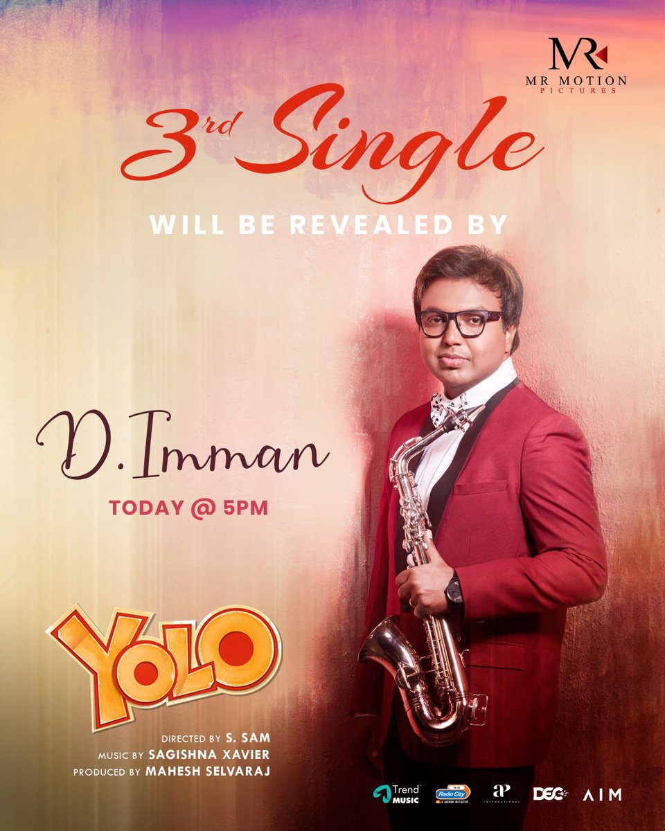 Team AIM (@teamaimpr) on Twitter photo Melody Vibes Incoming 🎶
<a href="/immancomposer/">D.IMMAN</a> Launches The Third Single From #YOLO – A Soulful Track That'll Melt Hearts 💖
🎤<a href="/gvprakash/">G.V.Prakash Kumar</a> @PriyankaNKoffl
🖋️ @muthamilrms
<a href="/ActorDev_offl/">Dev</a> <a href="/Samthecreator/">Samdir</a> <a href="/Devu_devika77/">Devika Satheesh</a> <a href="/mrmpmovies/">M R MOTION PICTURES</a> <a href="/x_sagishna/">Sagishna Xavier</a> #Joewinshamalina #Yazinnizar <a href="/soupersubu/">supersubu</a> Melody Vibes Incoming 🎶
<a href="/immancomposer/">D.IMMAN</a> Launches The Third Single From #YOLO – A Soulful Track That'll Melt Hearts 💖
🎤<a href="/gvprakash/">G.V.Prakash Kumar</a> @PriyankaNKoffl
🖋️ @muthamilrms
<a href="/ActorDev_offl/">Dev</a> <a href="/Samthecreator/">Samdir</a> <a href="/Devu_devika77/">Devika Satheesh</a> <a href="/mrmpmovies/">M R MOTION PICTURES</a> <a href="/x_sagishna/">Sagishna Xavier</a> #Joewinshamalina #Yazinnizar <a href="/soupersubu/">supersubu</a>