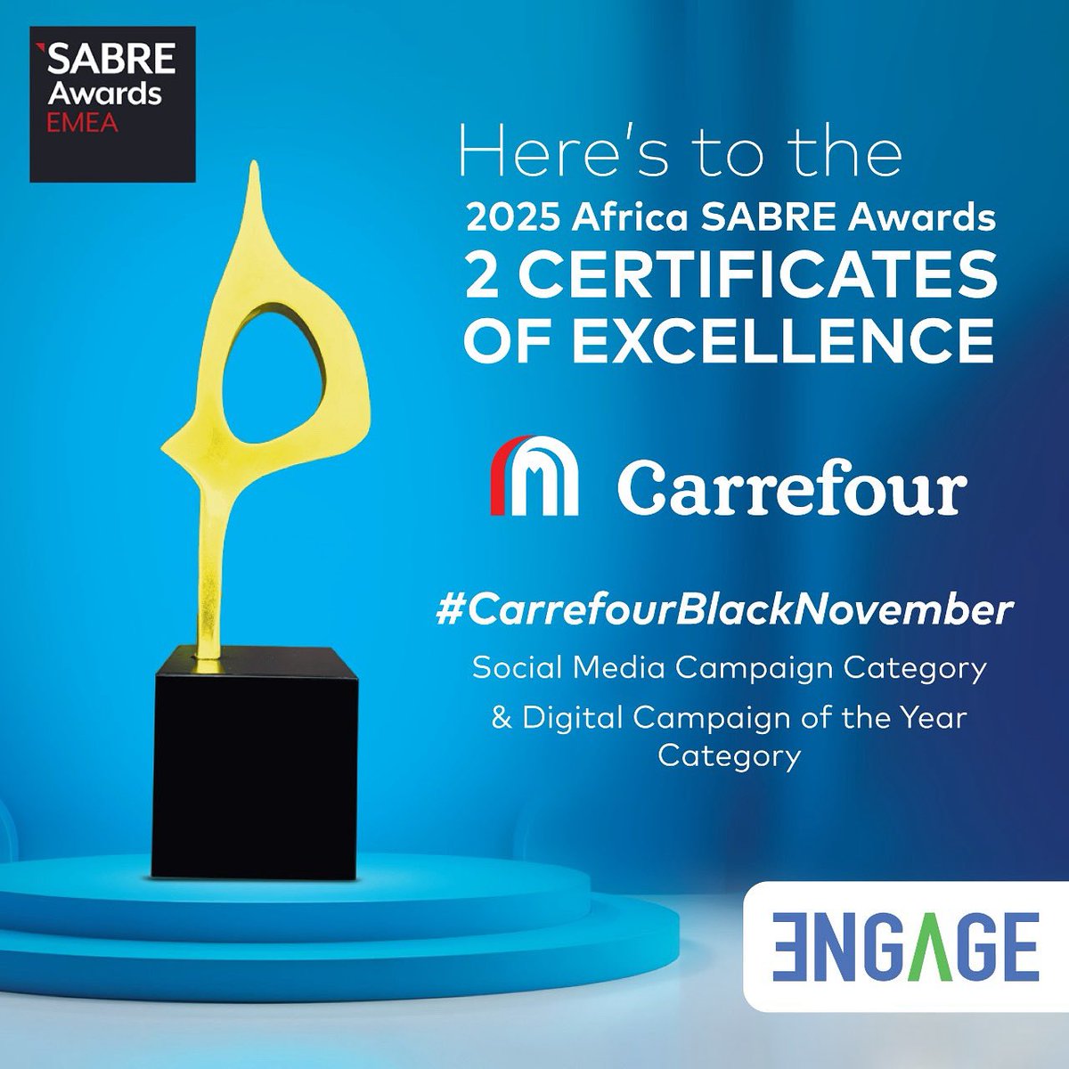 TimeToEngageUs's tweet photo. Kenya's only Indigenous Agency, to win big at the 2025 Africa #SABREAwards!🏆 

#GalaxyInTheSky with Samsung &amp; Jambojet took top Travel &amp; Leisure honours, while #CarrefourBlackNovember earned two Excellence nods. https://t.co/Yfe2gPWvkW