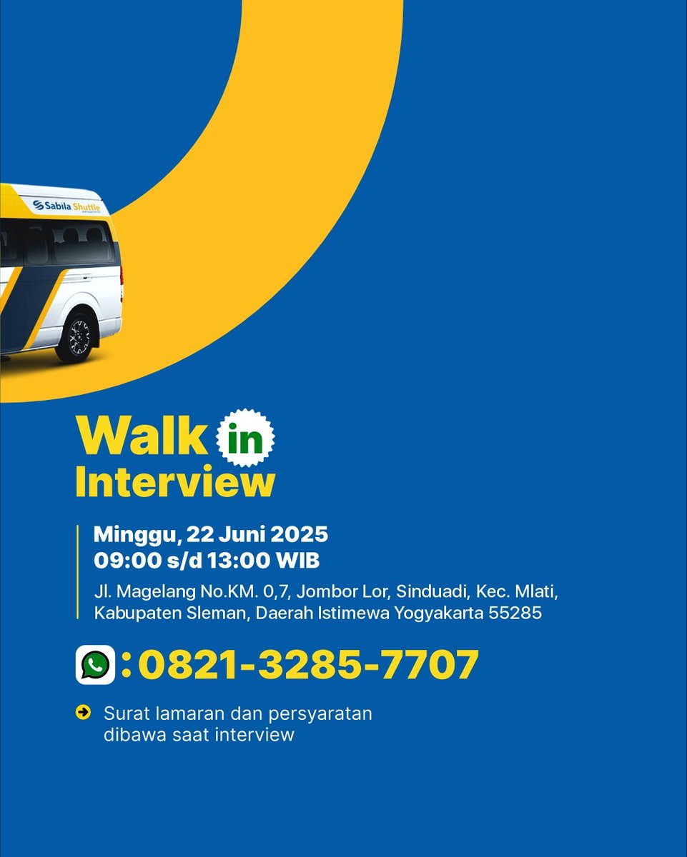 lokersemarang's tweet image. 🚐 WALK IN INTERVIEW DRIVER SHUTTLE

📅 Minggu, 22 Juni 2025
🕘 Pukul 09:00 – 13:00 WIB
📍 Jl. Magelang No. KM 0,7, Jombor Lor, Sinduadi, Sleman – Yogyakarta
📞 Info lebih lanjut: 0821-3285-7707

#LowonganKerja #DriverShuttle #LokerSemarang #LokerYogyakarta  #WalkInInterview
