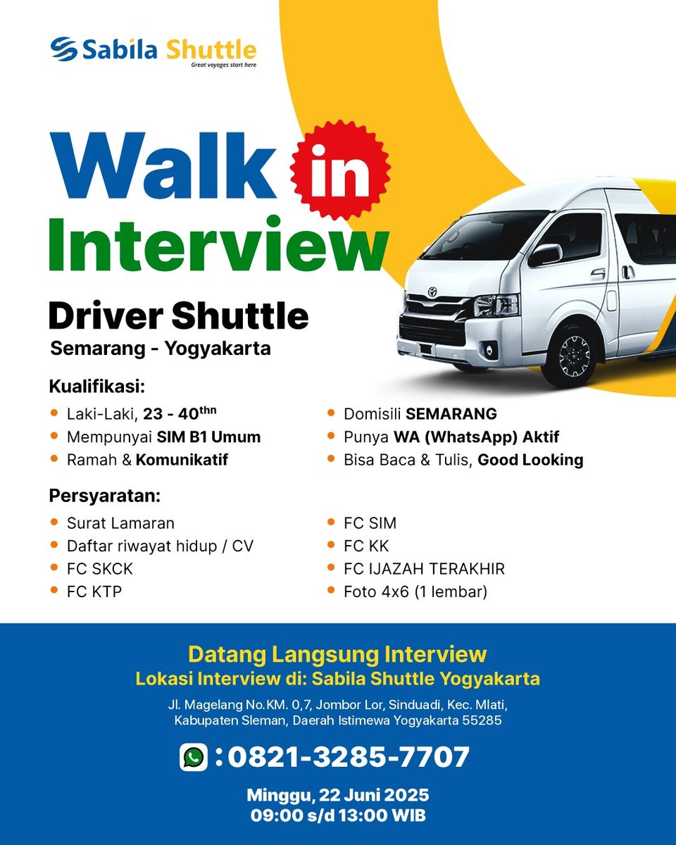 lokersemarang's tweet image. 🚐 WALK IN INTERVIEW DRIVER SHUTTLE

📅 Minggu, 22 Juni 2025
🕘 Pukul 09:00 – 13:00 WIB
📍 Jl. Magelang No. KM 0,7, Jombor Lor, Sinduadi, Sleman – Yogyakarta
📞 Info lebih lanjut: 0821-3285-7707

#LowonganKerja #DriverShuttle #LokerSemarang #LokerYogyakarta  #WalkInInterview