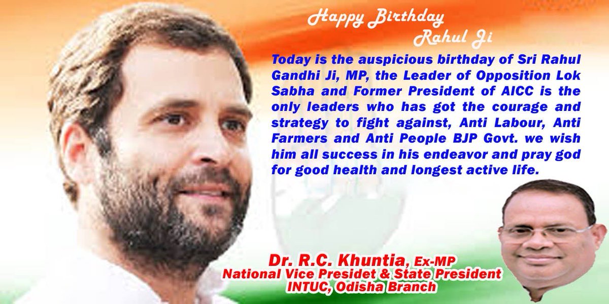 ⁦<a href="/RahulGandhi/">Rahul Gandhi</a>⁩  happy birthday toRahul Gandhiji on his auspicious birthday today.64 Crores Indian workers and farmers are with you.