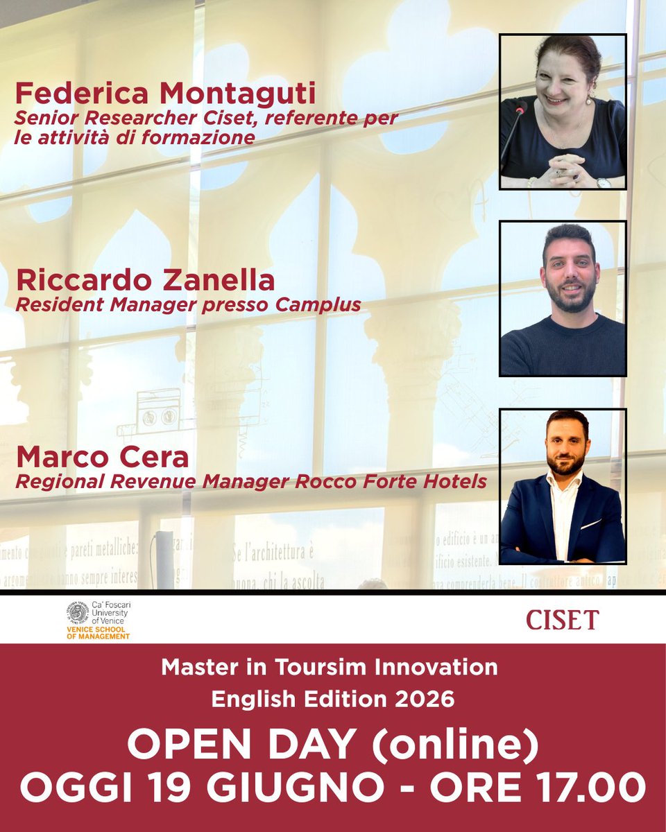 Vi ricordiamo l'appuntamento di oggi, 19 giugno, con l'Open Day online dedicato al Master in Tourism Innovation 2026. ⚠️ Ultimi posti disponibili qui: bit.ly/4mA0jQz

Introduce Federica Montaguti, Senior Researcher Ciset e responsabile delle attività di formazione.
