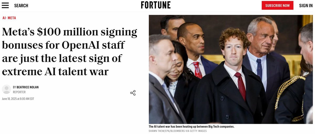 🚨 IA : La GUERRE des talents fait rage, et prend une nouvelle ampleur ! 🤯

Meta offre des bonus à 9 CHIFFRES (centaines de millions de dollars) pour voler les talents d'OpenAI !

Les géants de la tech ont compris l'importance stratégique de l'IA et se lancent dans la bataille à