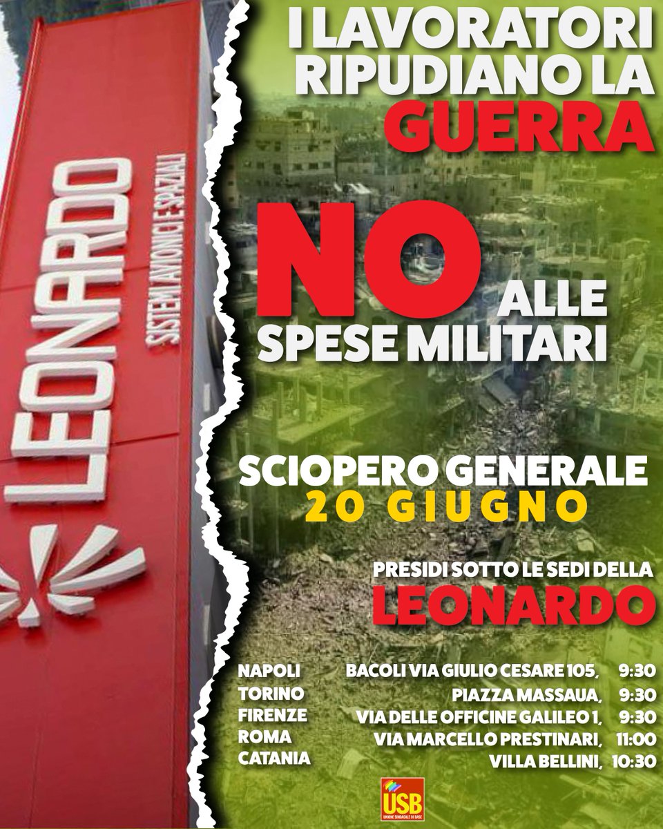 Mentre si tagliano sanità e servizi, lo Stato investe miliardi nel riarmo, ingrassando i bilanci di chi fa business con la guerra.
USB sarà davanti a Leonardo Spa per dire basta!