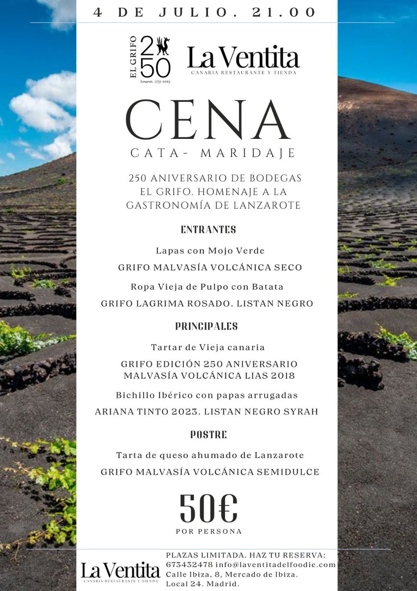 Cena, cata y maridaje el 4 de Julio en la ventita. 250 aniversario <a href="/BodegasElGrifo/">Bodegas El Grifo</a> homenaje a la gastronomía y tradición vinícola de la isla de Lanzarote.