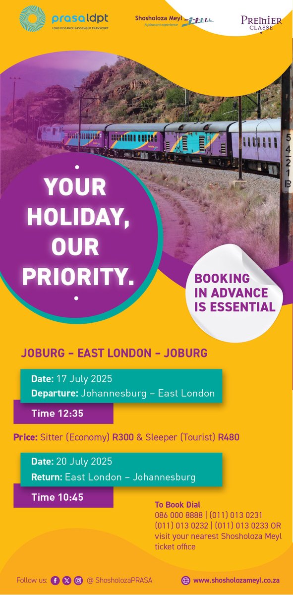 Shosholoza Meyl PRASA (@shosholozaprasa) on Twitter photo All aboard for the holidays, Book a train trip now!
<a href="/PRASA_Group/">PRASA Group</a> <a href="/ShotLeft/">Sho't Left</a> <a href="/Metrorail_kzn/">Metrorail KZN</a> <a href="/SATravelTrade/">SA Travel Trade</a> All aboard for the holidays, Book a train trip now!
<a href="/PRASA_Group/">PRASA Group</a> <a href="/ShotLeft/">Sho't Left</a> <a href="/Metrorail_kzn/">Metrorail KZN</a> <a href="/SATravelTrade/">SA Travel Trade</a>