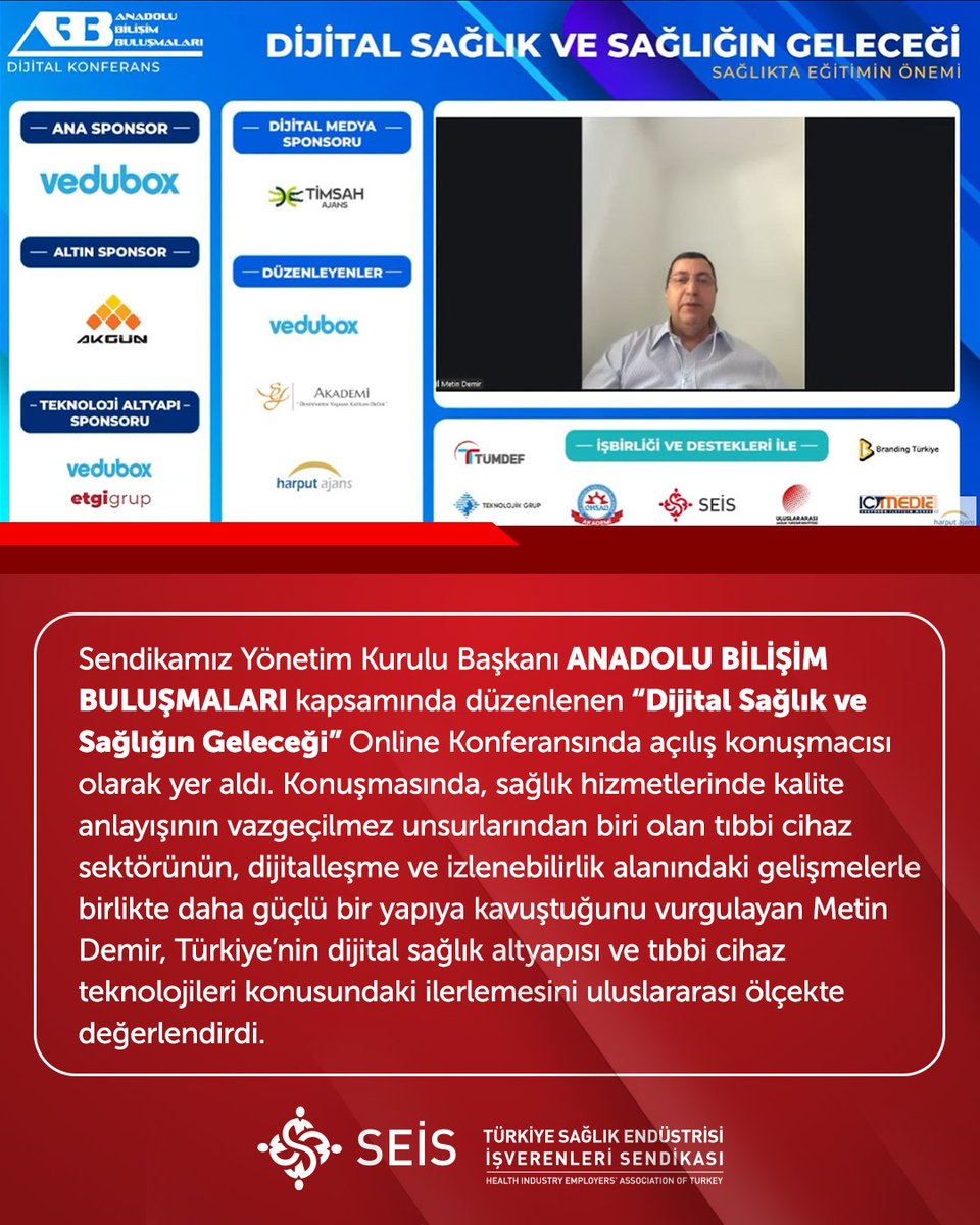 ‘Anadolu Bilişim Buluşmaları’
Sendikamız Yönetim Kurulu Başkanı Anadolu bilişim Buluşmaları kapsamında düzenlenen “Dijital Sağlık ve Sağlığın Geleceği” Online Konferansında açılış konuşmacısı olarak yer aldı.