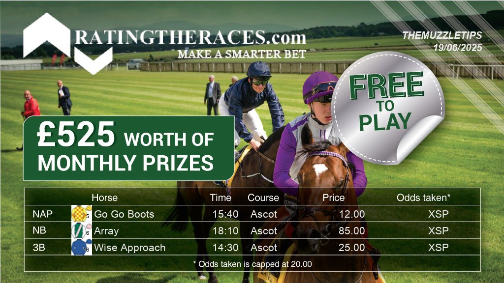 TheMuzzleTips's tweet photo. My #RTRNaps are:

Go Go Boots @ 15:40
Array @ 18:10
Wise Approach @ 14:30

Sponsored by @RatingTheRaces - Enter for FREE here: https://t.co/c0QTVa0ySl https://t.co/EzTMCPVkmD
