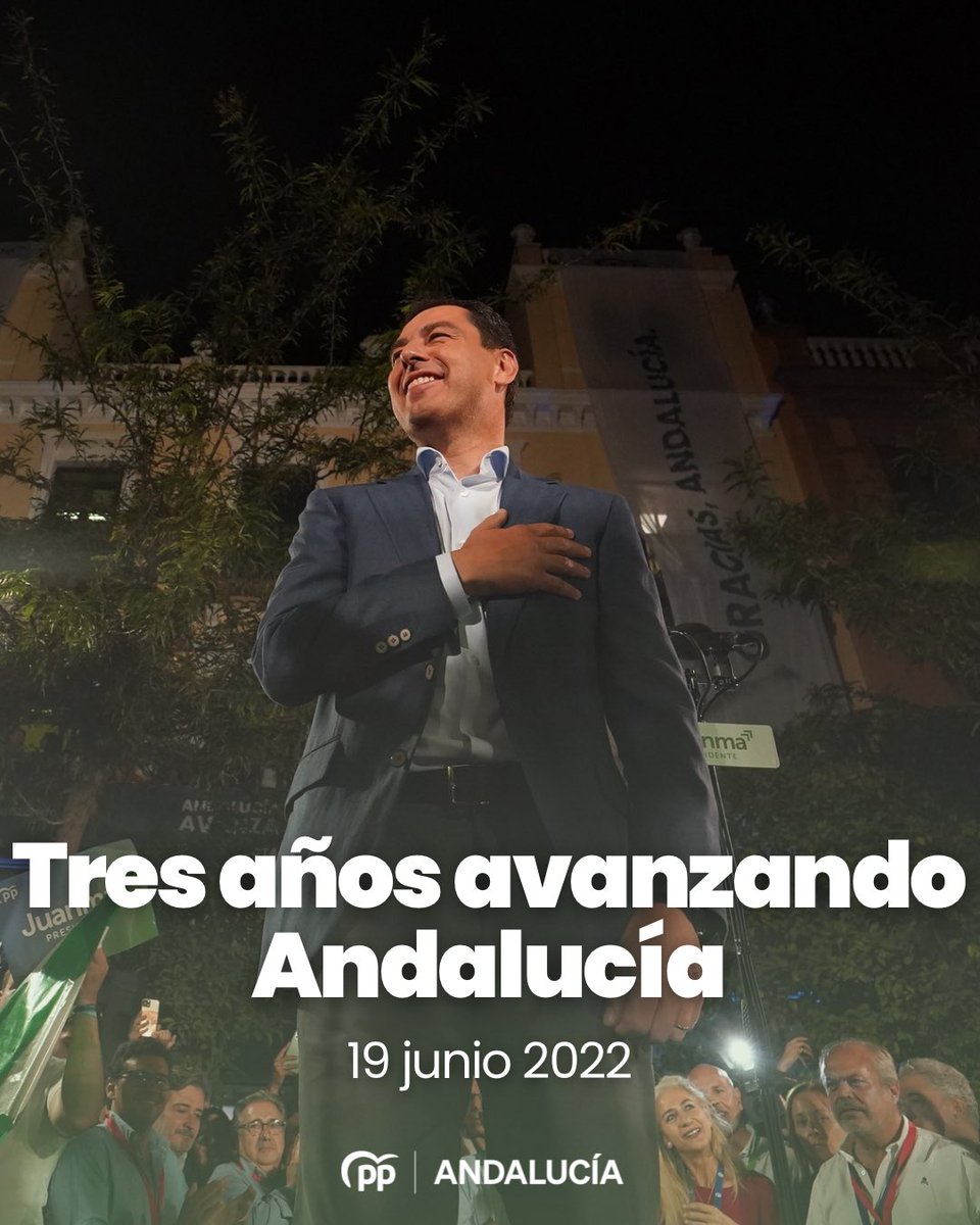 👏🏽💚 Hoy se cumplen 3 años del día en el que la mayoría de andaluces nos dieron su confianza. 

Andalucía avanza con <a href="/JuanMa_Moreno/">Juanma Moreno</a> y se siente orgullosa cada día.

¡Seguimos!