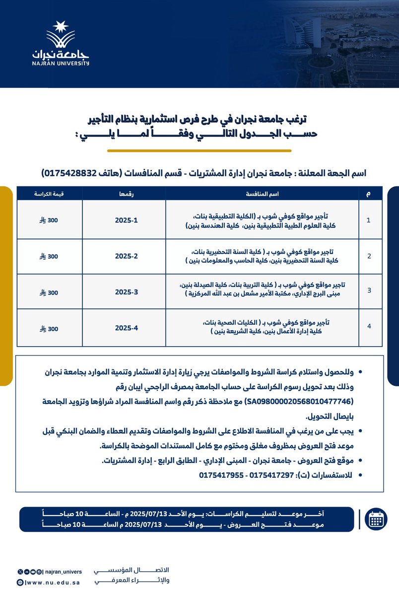 جامعة نجران (@najran_univers) on Twitter photo تعلن #جامعة_نجران عن طرح فرص استثمارية بنظام التأجير.. تعلن #جامعة_نجران عن طرح فرص استثمارية بنظام التأجير..