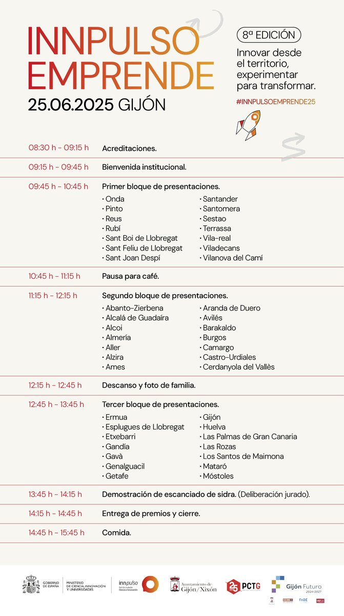 redinnpulso's tweet photo. 🚀 ¡La cuenta atrás ha comenzado: solo faltan 6 días para Innpulso Emprende!

🟠 Hoy os compartimos el listado de las 42 ciudades Innpulso que acudirán a Gijón el 25 de junio junto a sus emprendedores/as para presentarnos sus proyectos innovadores.

#InnpulsoEmprende25 https://t.co/Ybrd4UCp1B