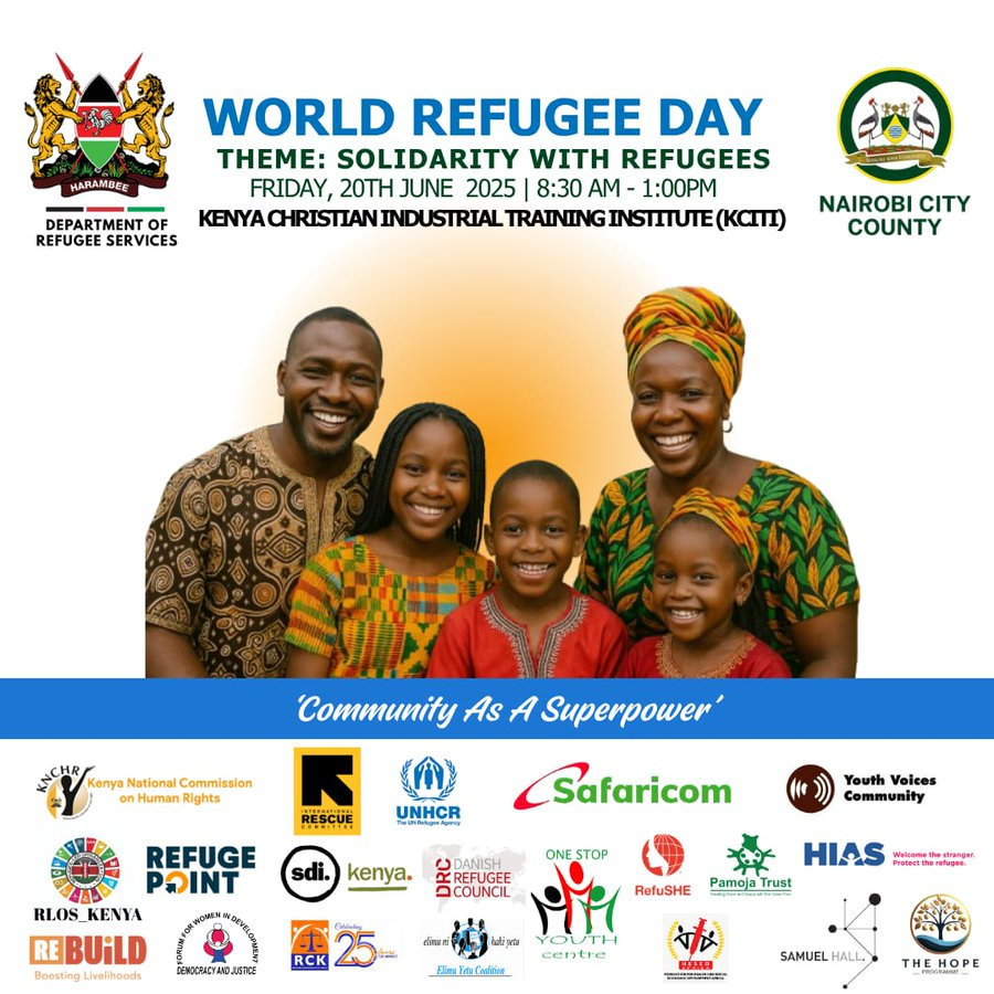 Refugee Consortium of Kenya (RCK) (@rckkenya) on Twitter photo 🎊 Happening Tomorrow!
Join us in #SolidarityWithRefugees as we celebrate resilience, belonging, and unity on this year’s #WorldRefugeeDay2025.Theme: #CommunityAsASuperpower
🗓️ This Friday, 20th June
🕘 Starting 8:30 AM
📌<a href="/kciti_campus/">Kenya Christian Industrial Training Institute</a> , Nairobi
#WRD2025KE #RefugeeWeek 🎊 Happening Tomorrow!
Join us in #SolidarityWithRefugees as we celebrate resilience, belonging, and unity on this year’s #WorldRefugeeDay2025.Theme: #CommunityAsASuperpower
🗓️ This Friday, 20th June
🕘 Starting 8:30 AM
📌<a href="/kciti_campus/">Kenya Christian Industrial Training Institute</a> , Nairobi
#WRD2025KE #RefugeeWeek