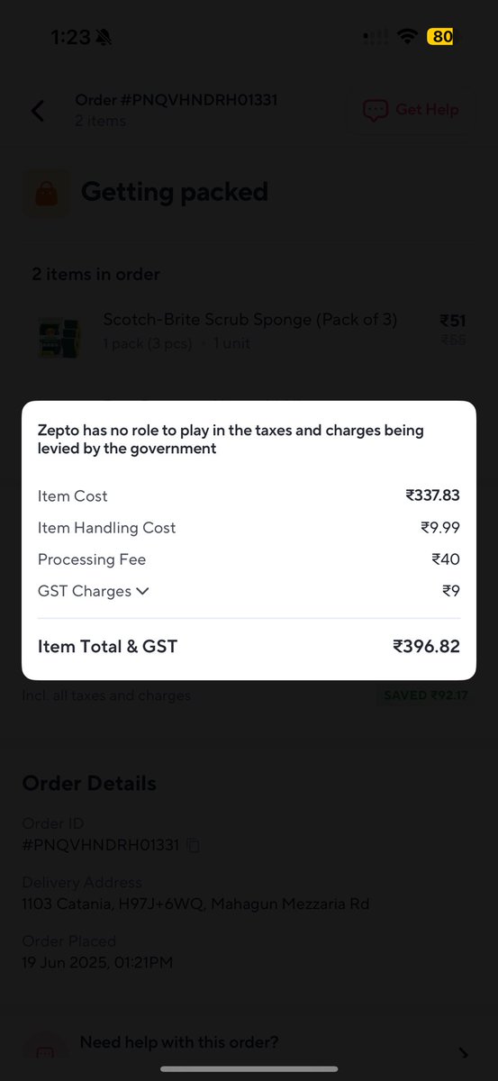 ImranAliRNF's tweet photo. A gentle scam alert post for our beloved @ZeptoNow. Charging a 50 rupees processing and handling fee when claiming everything is free. :) https://t.co/8FACmnCL6h