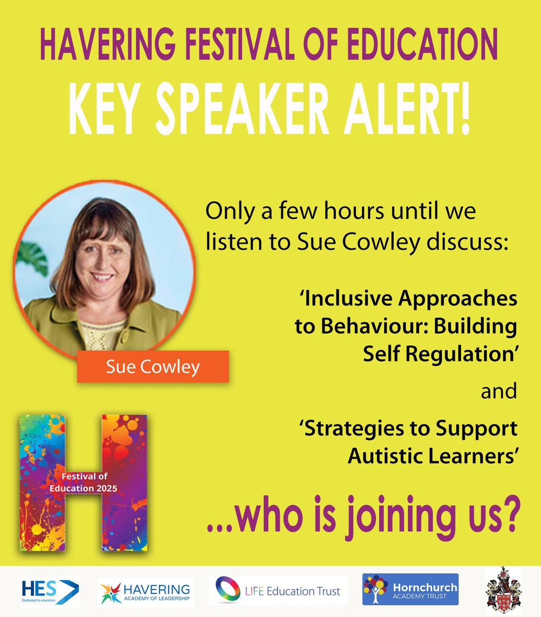 It's the final day of the Festival &amp; we can't wait to hear from Key Speaker, Sue Cowley, later on. Also don't forget, if you are local to Havering, we have an in-person Teach Meet session at 4.30pm. Sign up here to join us: mondale-events.co.uk/event/festival…

#HFestEd #TeacherCPD #FreeCPD