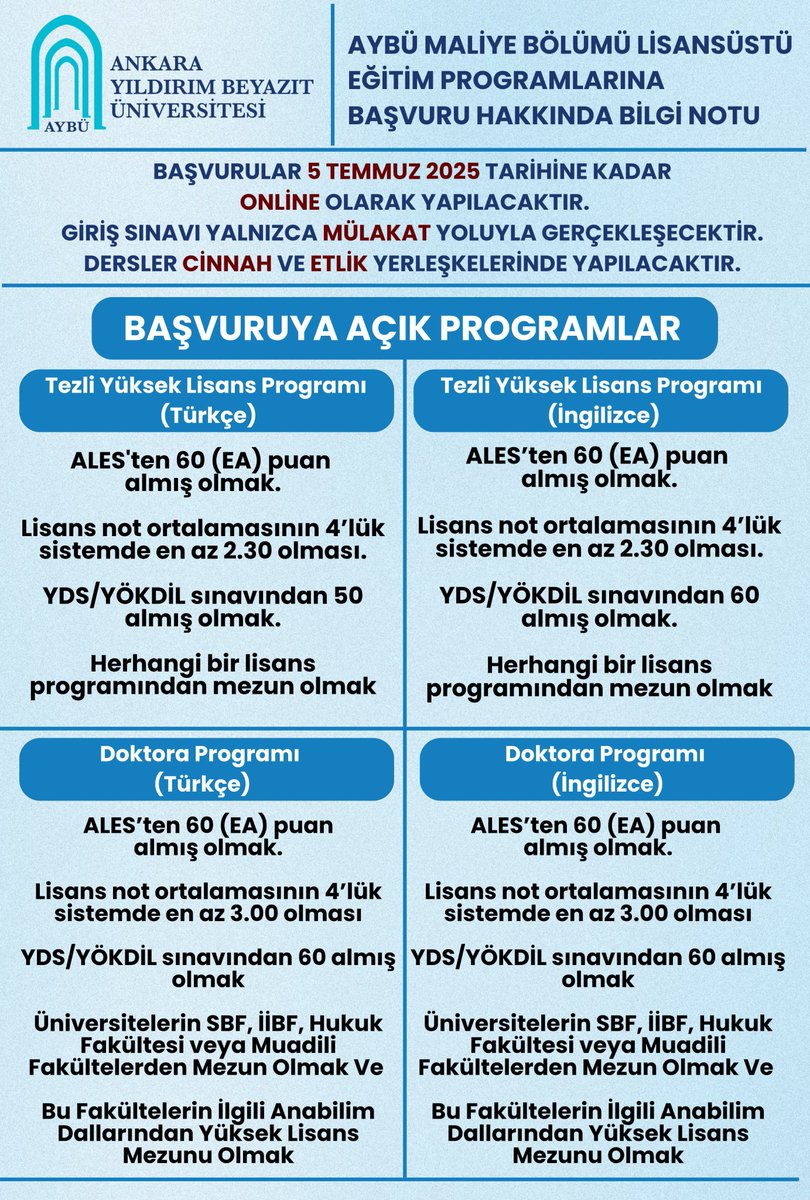 Bölümümüz 2025-2026 Güz Dönemi tezli yüksek lisans (Türkçe ve İngilizce) ve doktora (Türkçe ve İngilizce) programlarına başvurular devam etmektedir. Online başvurular 5 Temmuz 2025'e kadar devam edecektir. Detaylı bilgi için: aybu.edu.tr/sbe/tr/duyuru/…