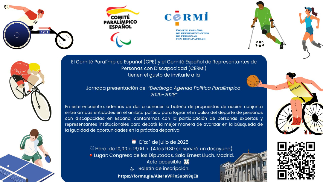 CERMI Estatal (@cermi_estatal) on Twitter photo 👀 ¡Atención, mundo del deporte y de la discapacidad!
El <a href="/Paralimpicos/">Comité Paralímpico Español</a> y <a href="/Cermi_Estatal/">CERMI Estatal</a> os esperan en un evento clave:
🗓️ 1 de julio
🏛️ Congreso de los Diputados
📢 Presentación del Decálogo Agenda Política Paralímpica
🤝 Acción y futuro
🔗 forms.gle/A8e1aVFFnSubN9… 👀 ¡Atención, mundo del deporte y de la discapacidad!
El <a href="/Paralimpicos/">Comité Paralímpico Español</a> y <a href="/Cermi_Estatal/">CERMI Estatal</a> os esperan en un evento clave:
🗓️ 1 de julio
🏛️ Congreso de los Diputados
📢 Presentación del Decálogo Agenda Política Paralímpica
🤝 Acción y futuro
🔗 forms.gle/A8e1aVFFnSubN9…
