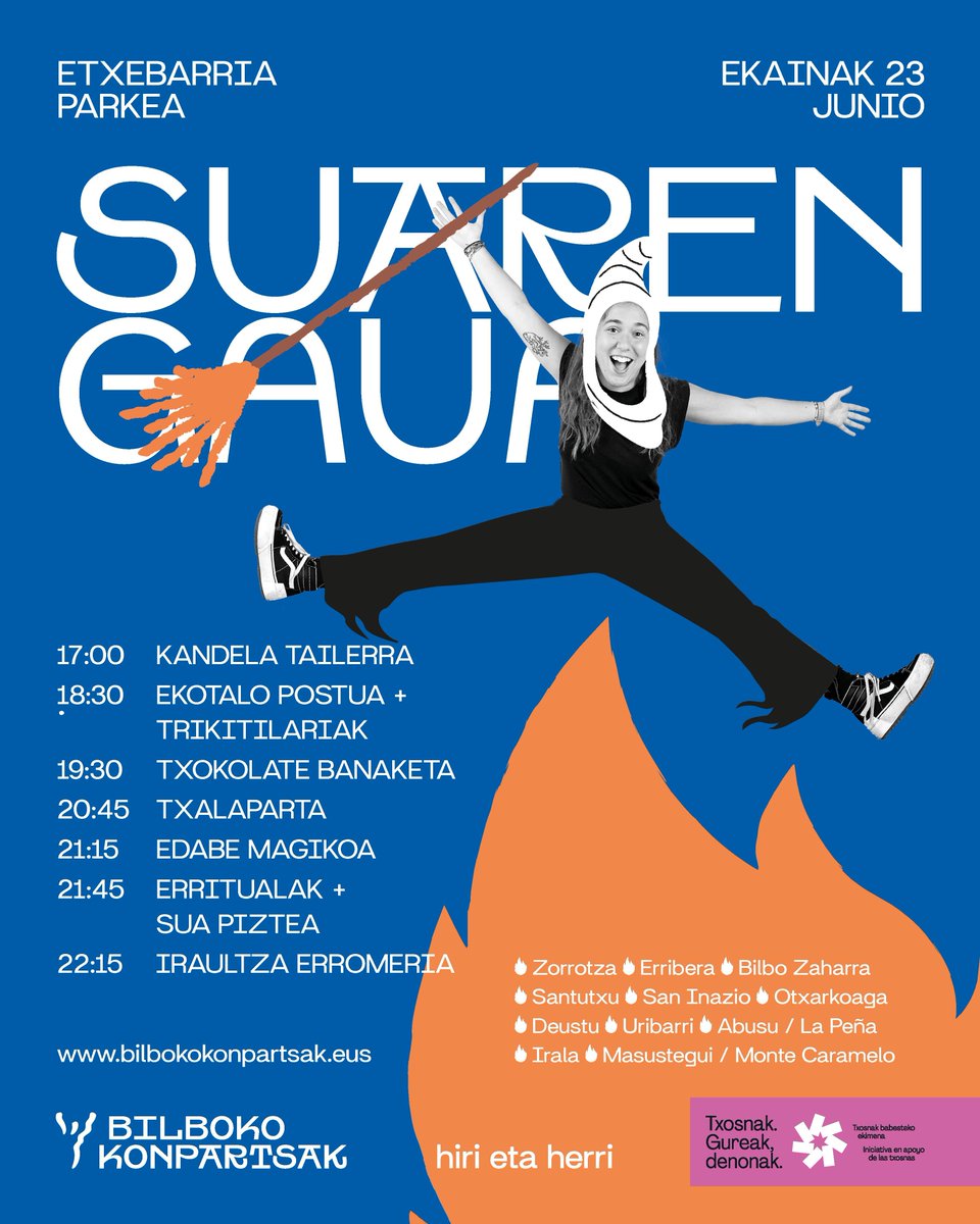 Suaren gauean programazio bikaina Etxebarria parkean 17:00etatik aurrera. 🔥🔥

#SuareGaua25
#BilbokoKonpartsak
#HirietaHerri