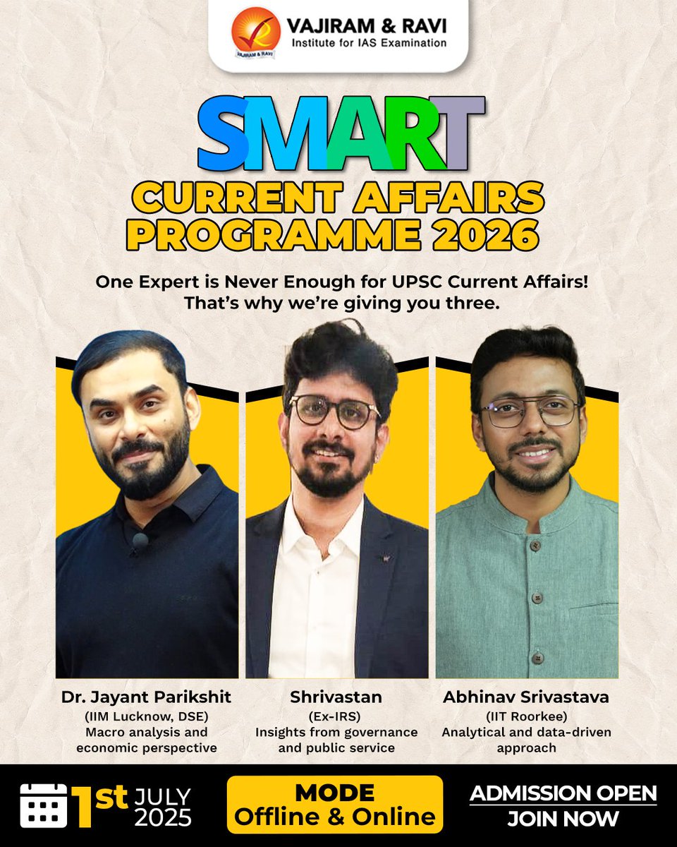VajiramRavi's tweet photo. 🚀 Ace UPSC with the SMART - Strategic, Multi-dimensional &amp; Targeted prep for Prelims &amp; Mains

📚 Trusted sources, 🔥 handouts, 📈 live MCQs + tests, ✍️ answer writing!
Join now 👉https://t.co/jqI7cVRSIF

#UPSC2025 #VajiramAndRavi #CurrentAffairs #SMARTPrep #IASPreparation https://t.co/fqEzrw1R9a