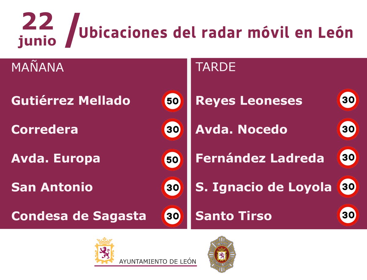 🚗 RADARES MÓVILES. La Policía Local avisa de los controles de velocidad con radares móviles previstos para mañana en estas ubicaciones.   

⚠️ Atento a la señalización y respeta las velocidades marcadas.