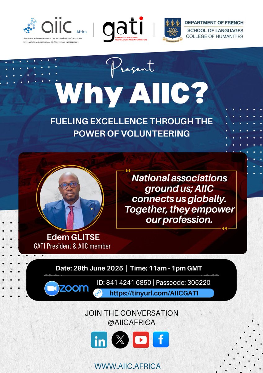 aiicafrica's tweet photo. 🎤 Meet Edem Glitse, GATI President & AIIC member!
Discover how local roots and global networks empower interpreters at #WhyAIIC
🗓️ 28 June 2025 | 🕚 11am–1pm GMT
🔗 https://t.co/C14ESNJJC6
ID: 841 4241 6850 | Passcode: 305220
#AIICGATIWebinar #InterpreterVoices #AIICAfrica https://t.co/I61s5jR2jF