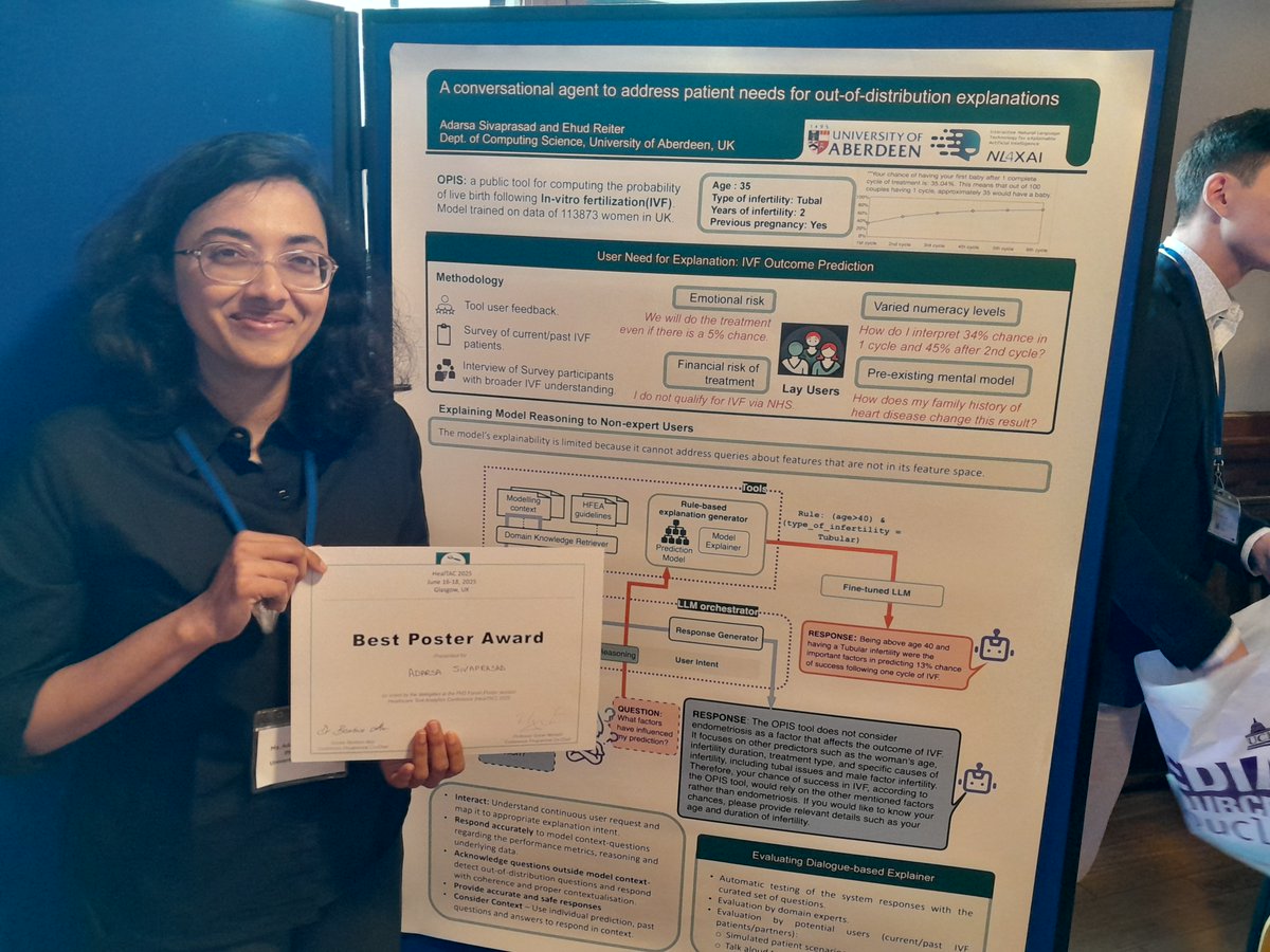 EhudReiter's tweet image. Congratulations to my student Adarsa Sivaprasad for winning a best PhD student poster award at @UK_healtex , for her work on "A conversational agent to address patient needs for out-of-distribution explanations"!