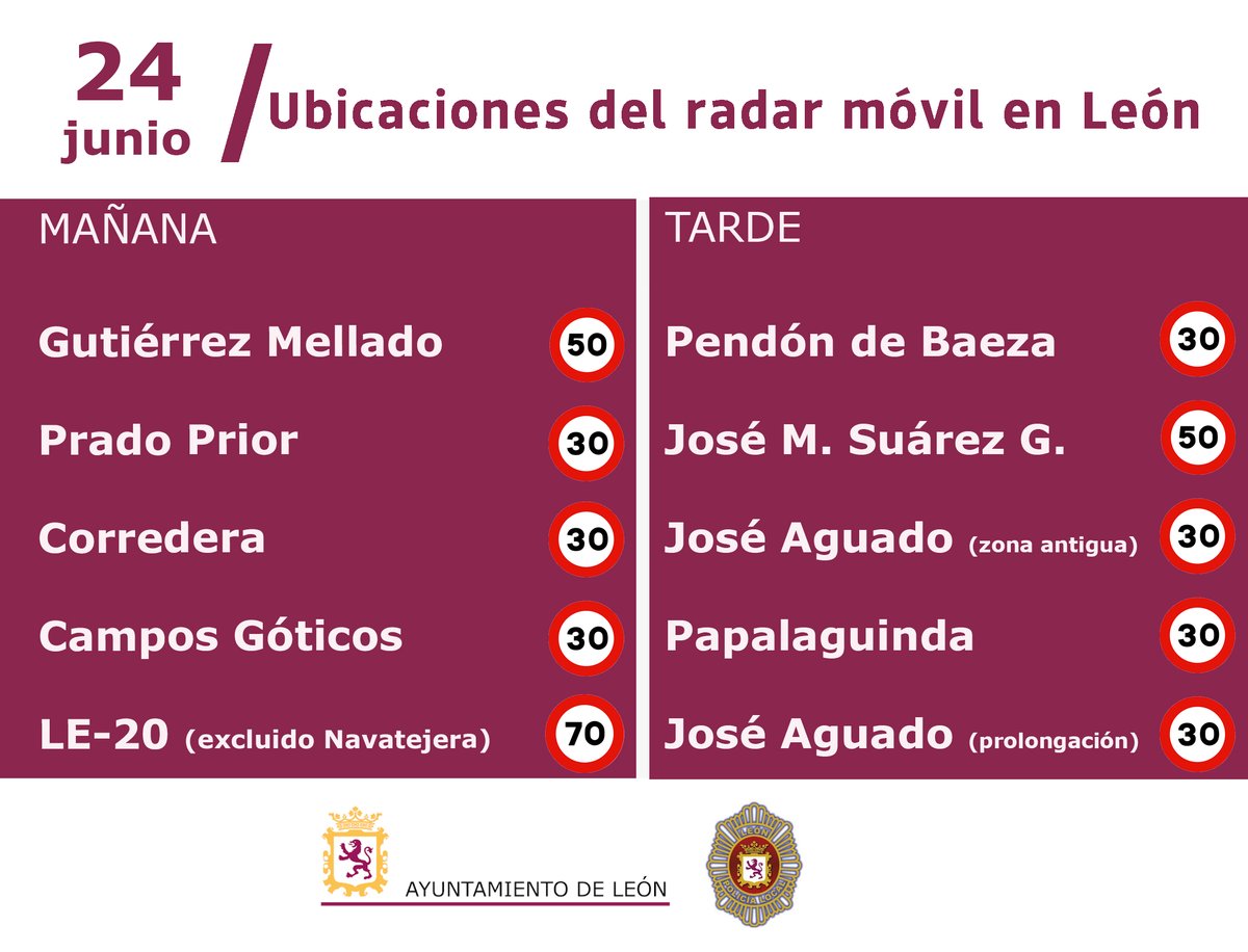 🚗 RADARES MÓVILES. La Policía Local avisa de los controles de velocidad con radares móviles previstos para mañana en estas ubicaciones.   

⚠️ Atento a la señalización y respeta las velocidades marcadas.