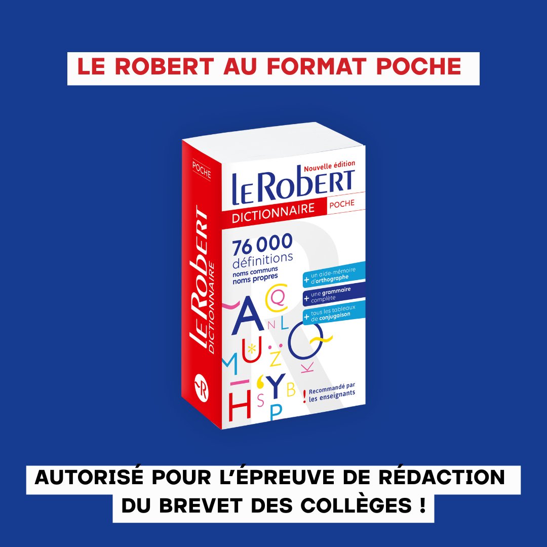 Le saviez-vous ? L’utilisation du dictionnaire de poche Le Robert est autorisée au brevet des collèges pour l’épreuve de rédaction !

👉 Un allié de poids, clair, complet, actualisé, qui aidera les collégiens à faire la différence !

lerobert.com/dictionnaires/…