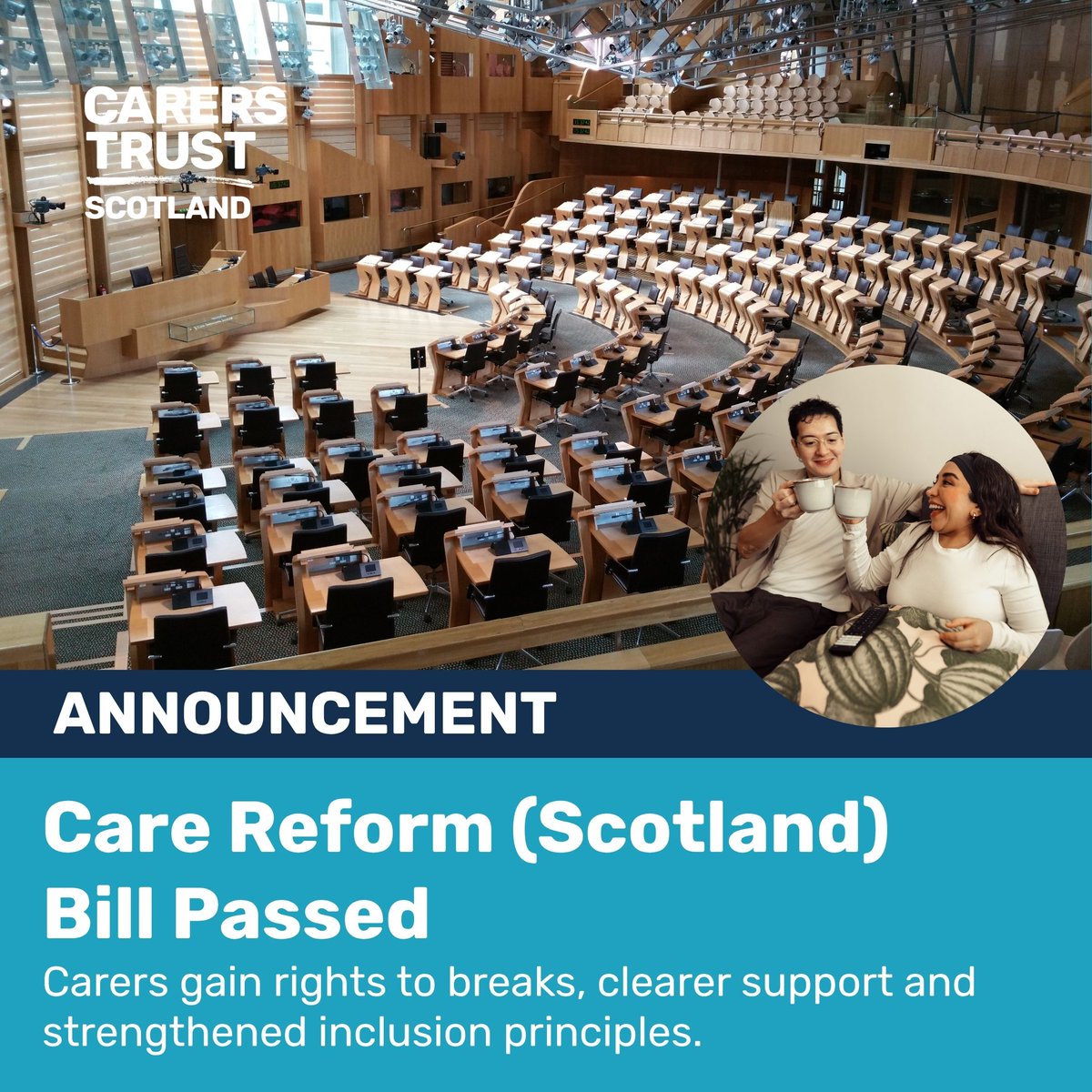 Carers Trust Scotland (@carerstrustscot) on Twitter photo Last week, the Care Reform (Scotland) Bill passed – paving the way to continuing to strengthen rights and support to unpaid carers.
This brings new rights for unpaid carers, including the right to breaks from caring. A step forward, with more work ahead.
<a href="/scotgov/">Scottish Government</a> <a href="/ScotParl/">Scottish Parliament</a> Last week, the Care Reform (Scotland) Bill passed – paving the way to continuing to strengthen rights and support to unpaid carers.
This brings new rights for unpaid carers, including the right to breaks from caring. A step forward, with more work ahead.
<a href="/scotgov/">Scottish Government</a> <a href="/ScotParl/">Scottish Parliament</a>