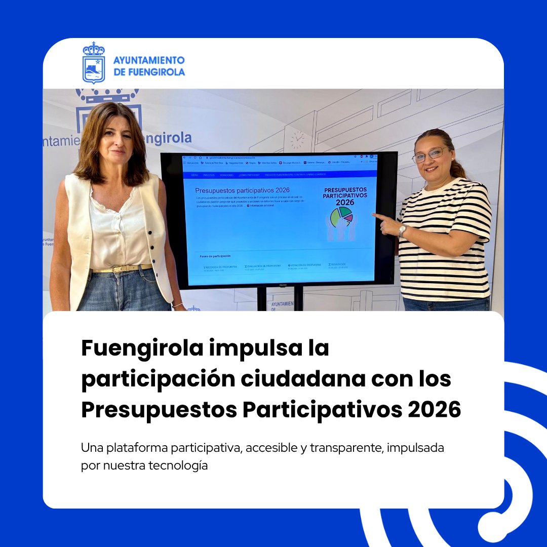 ogov_tech's tweet photo. 🔵 Fuengirola impulsa la participación ciudadana con los #PresupuestosParticipativos 2026. Por 7º año, en oGov acompañamos al @Aytofuengirola2  con una plataforma accesible y transparente 🗳️¡La ciudadanía decide!👉 https://t.co/gGQA2h6l25  #GobiernoAbierto #Fuengirola #GovTech https://t.co/89yllbpsph
