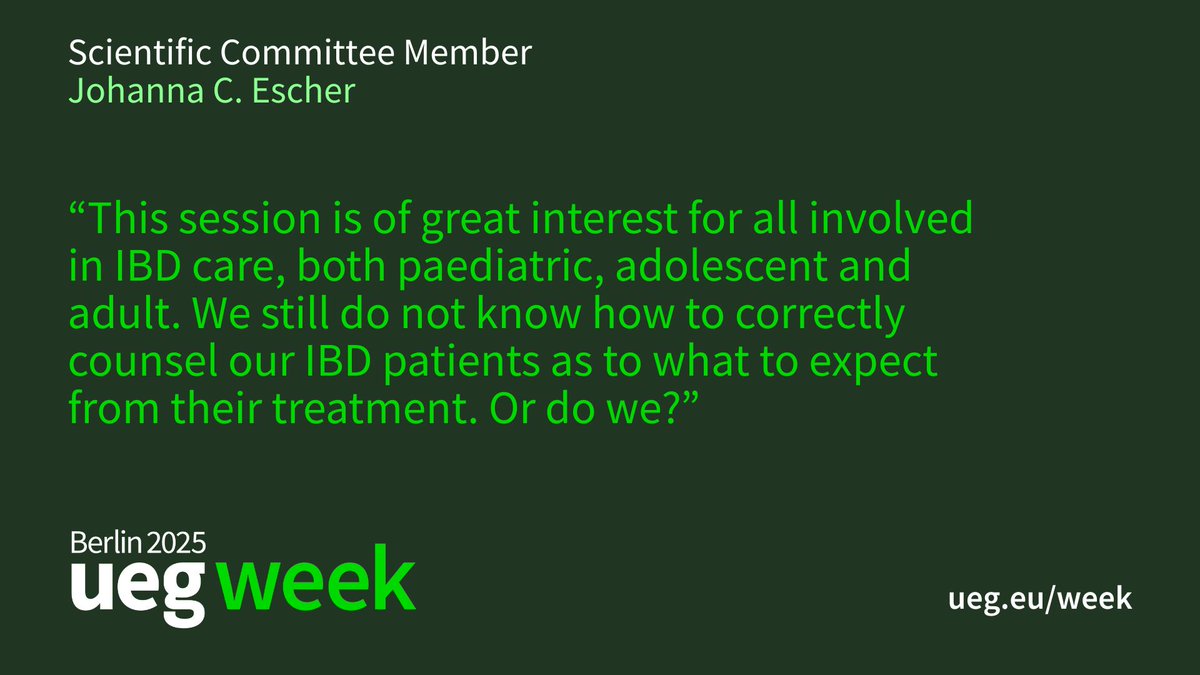 UEG Week 2025 session recommendation from our Scientific Committee expert, Johanna C. Escher:
📌 The art of making clinical research precise: Predicting therapy response in IBD
🔗 bit.ly/3SUYHTV

Access UEG Week 2025 programme: bit.ly/3z3r21t