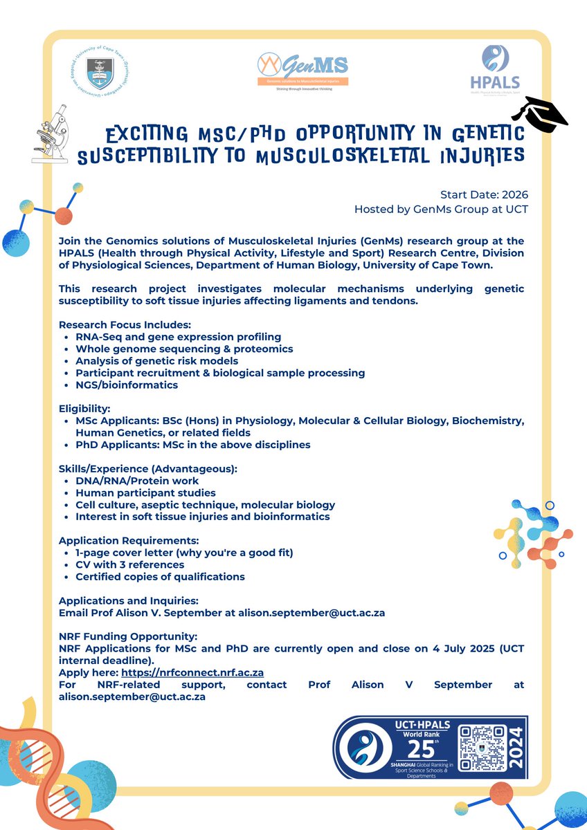 GenMS_UCT's tweet image. 🚨 Exciting MSc/PhD Opportunity at UCT! 🎓🧬
Are you passionate about genetics, injury prevention, and sports science? Join the GenMs research group at UCT in 2026 and be part of groundbreaking work on genetic susceptibility to musculoskeletal injuries 🦵🔬