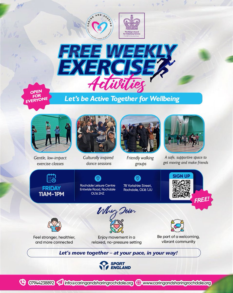 CAS_rochdale's tweet photo. 🏃♀️ Let’s Move Every Friday! 💪
Boost your mood, energy and sleep with fun weekly workouts.
🎯 Limited spots — sign up now: https://t.co/JBR09dFjpy
#casrochdale #sportengland #communitywellness #bamecommunity #socialactivity https://t.co/T4vjgpAuJh