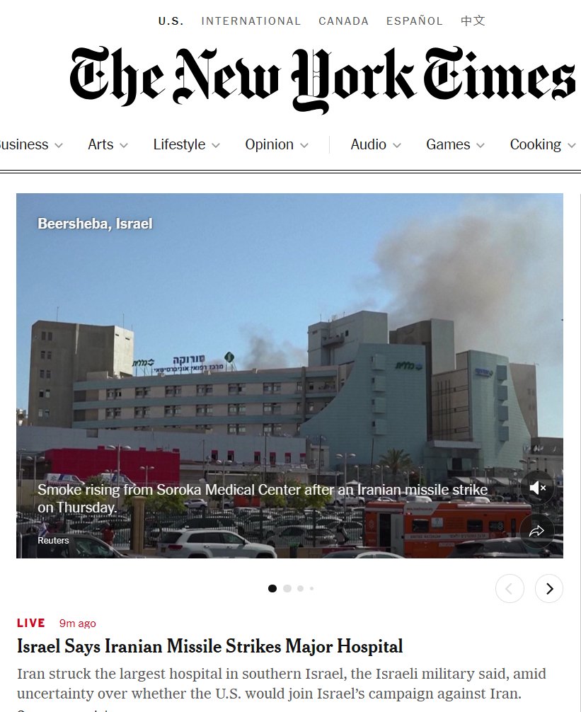 Prof Gerald M Steinberg (@geraldngom) on Twitter photo Headline in <a href="/nytimes/">The New York Times</a>: "Israel says" Iranian Missle Strikes Major Hospital.
Clown show - the missile hit was clearly shown on live video, as was resulting destruction. No justification for the "Israel says" caveat. Those responsible for this headline (and all the others like it) Headline in <a href="/nytimes/">The New York Times</a>: "Israel says" Iranian Missle Strikes Major Hospital.
Clown show - the missile hit was clearly shown on live video, as was resulting destruction. No justification for the "Israel says" caveat. Those responsible for this headline (and all the others like it)