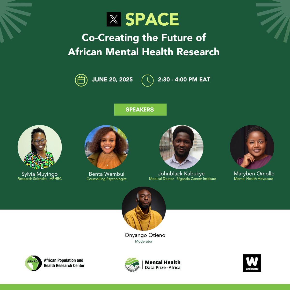 Join us #MHDPA Friday, June 20, for an important conversation on the future of mental health research in Africa!  🔸Time: 2:30–4:00 PM EAT 📷Hosted by Mental Health Data Prize Africa  Let's explore how data can drive inclusive change.  #DataForChange #WeAreAfrica <a href="/MHDPrizeAFRICA/">Mental Health Data Prize-Africa</a>