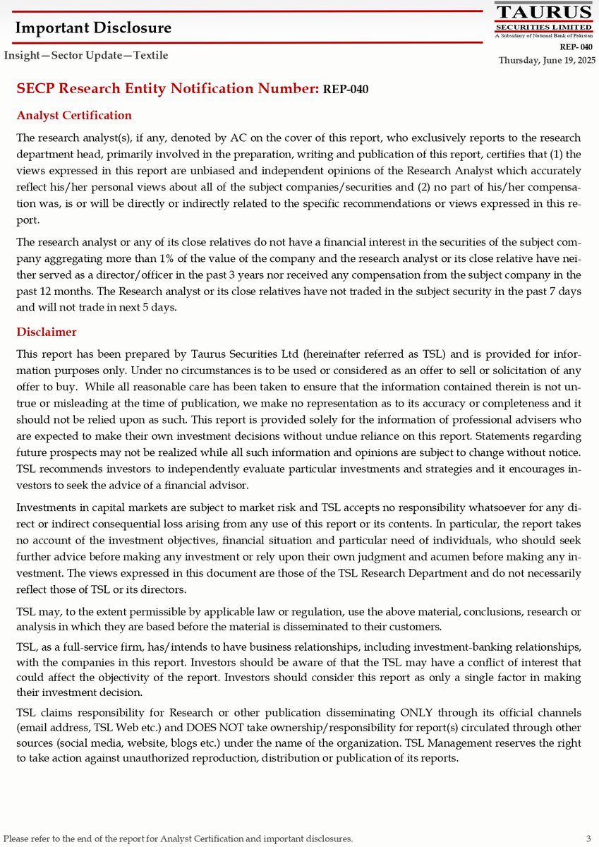 TSL_Research's tweet image. Insight —Textile Sector Update
Link: shorturl.at/6nHYU

#PakistanTextile #TextileExports #CottonIndustry #TextileSector #PakistanEconomy #TradeUpdate #Exports #EconomicInsight #Manufacturing #PakistanBusiness #TextileNews #MarketUpdate #SupplyChain #CottonPrices