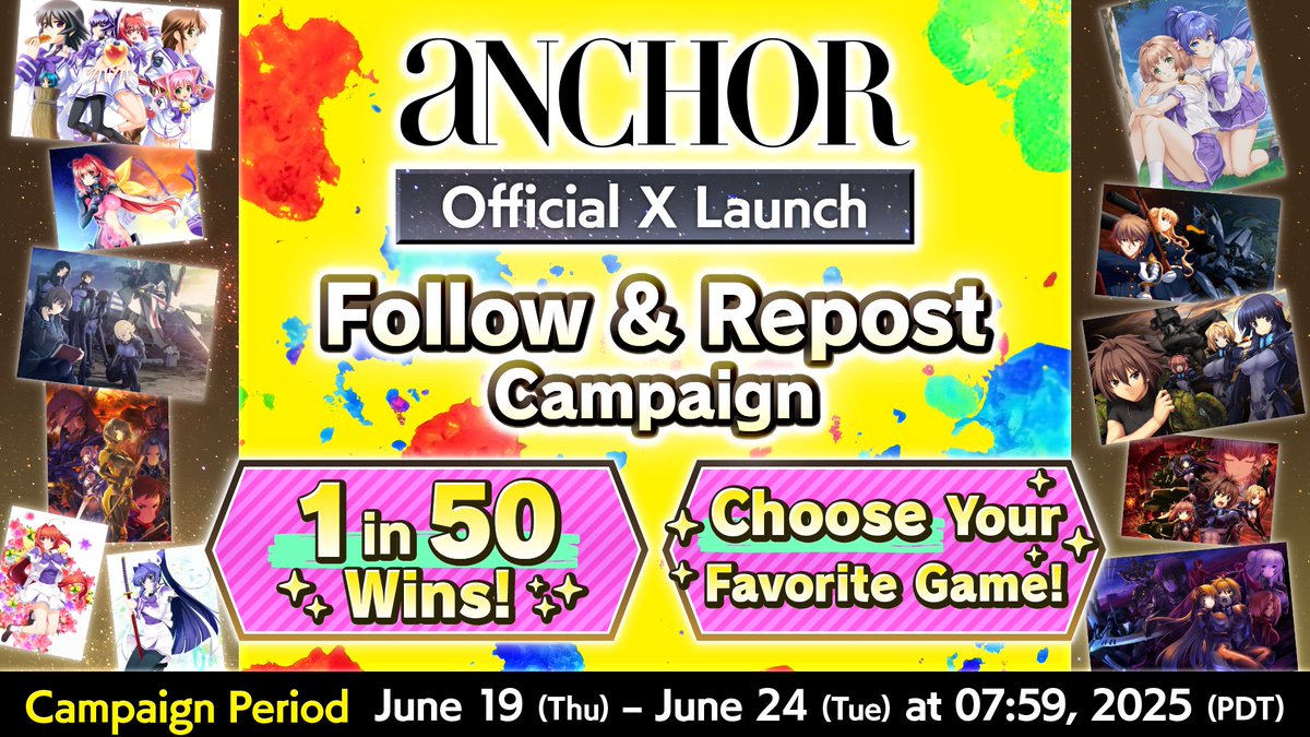 aNCHOR【Official】 (@anchor_games_en) on Twitter photo //
🎉Account Launch🎉
1 in 50 chance to win🎁
Follow & Repost Campaign !
\\
From all 11 titles in the #Muv-Luv series ADV collection,
we'll give away a Steam key for your favorite title!!
◇Entry Requirements
1.Follow this account (<a href="/aNCHOR_Games_EN/">aNCHOR【Official】</a>)
2.Repost this post
If you //
🎉Account Launch🎉
1 in 50 chance to win🎁
Follow & Repost Campaign !
\\
From all 11 titles in the #Muv-Luv series ADV collection,
we'll give away a Steam key for your favorite title!!
◇Entry Requirements
1.Follow this account (<a href="/aNCHOR_Games_EN/">aNCHOR【Official】</a>)
2.Repost this post
If you