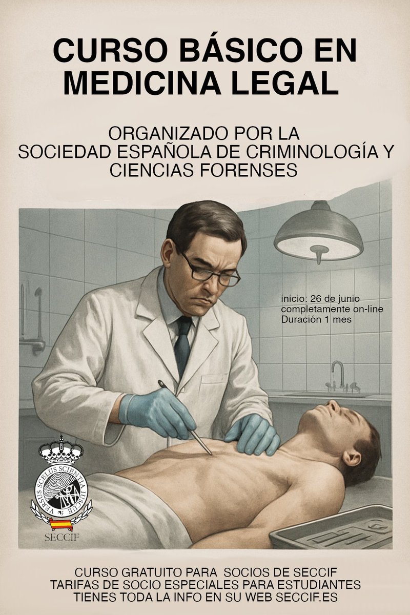 Continuamos los cursos de formación continua de la Sociedad Española de Criminología y Ciencias Forenses el próximo será sobre "#Medicina legal"  infórmate en la web y asóciate. Son muchas las ventajas.  #criminologia #criminalistica seccif.es/category/event…