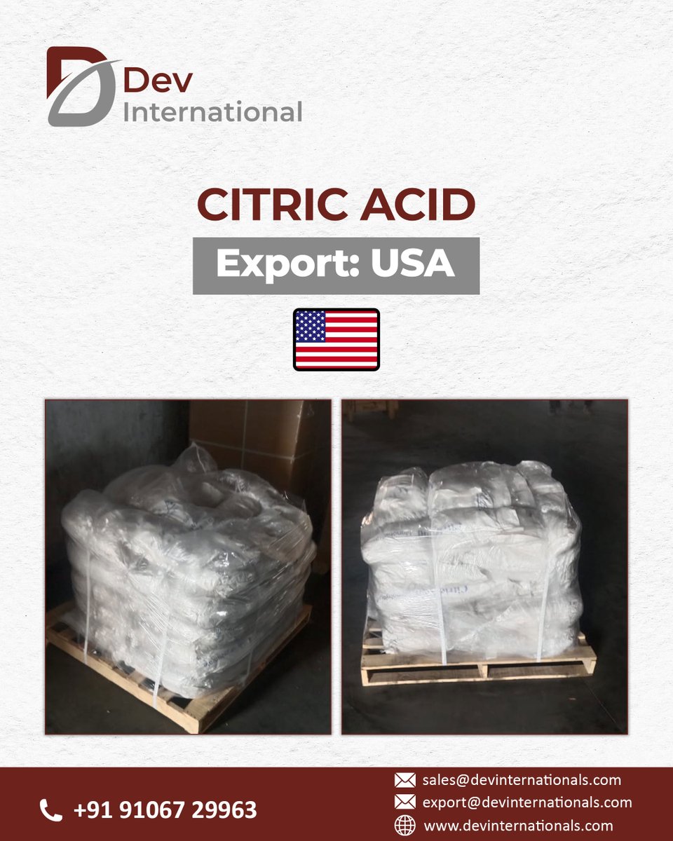 DevInternation4's tweet photo. Dev International has successfully exported Citric Acid to the USA! 

🔹 Timely Delivery
🔹 Superior Quality Assurance

#devinternational #citricacid #exporttousa #qualityproducts #globaltrade #rawmaterials #chemicalexport #exportquality #bulksupplier https://t.co/KMarEKh8pR