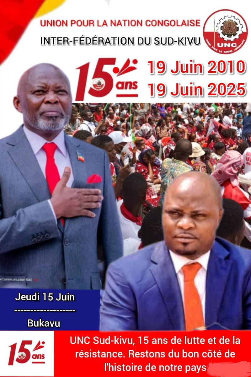 GLORDY CIBALWIRA (MBA) (@cibalwiraglordy) on Twitter photo 🎈19 Juin 2010 ==> 19 Juin 2025, Union pour la Nation Congolaise <a href="/uncrdc/">UNC_RDC Officiel</a> célèbre ses 15 ans d'existence et de résistance
Toujours derrière le président national, le pacificateur <a href="/VitalKamerhe1/">Vital Kamerhe</a> nous restons un parti engagé pour la paix, la défense de la patrie et le développement 🎈19 Juin 2010 ==> 19 Juin 2025, Union pour la Nation Congolaise <a href="/uncrdc/">UNC_RDC Officiel</a> célèbre ses 15 ans d'existence et de résistance
Toujours derrière le président national, le pacificateur <a href="/VitalKamerhe1/">Vital Kamerhe</a> nous restons un parti engagé pour la paix, la défense de la patrie et le développement