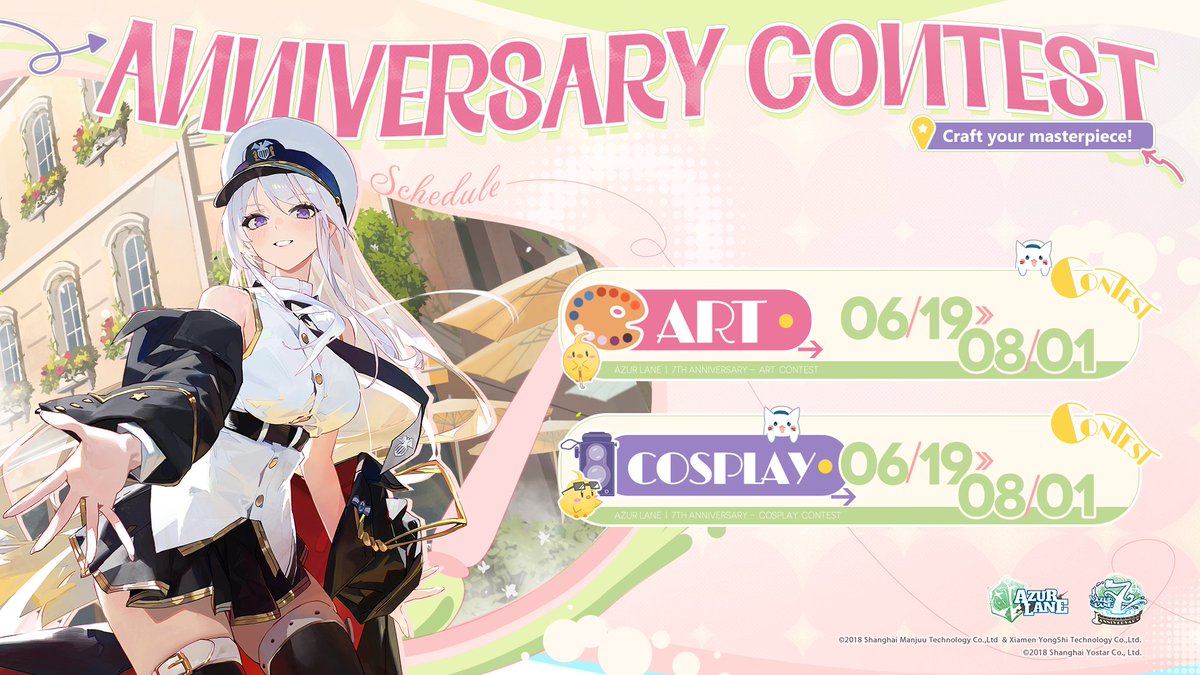 AzurLane_EN's tweet photo. Dear Commander,

Join us for the exciting Art and Cosplay Contest to celebrate our 7th Anniversary! We have prepared generous rewards for outstanding submissions in each contest!

Click here to participate: https://t.co/syRqgfaw4G

#AzurLane #Yostar #AzurLane7thAnniv https://t.co/orUnLtnlIU