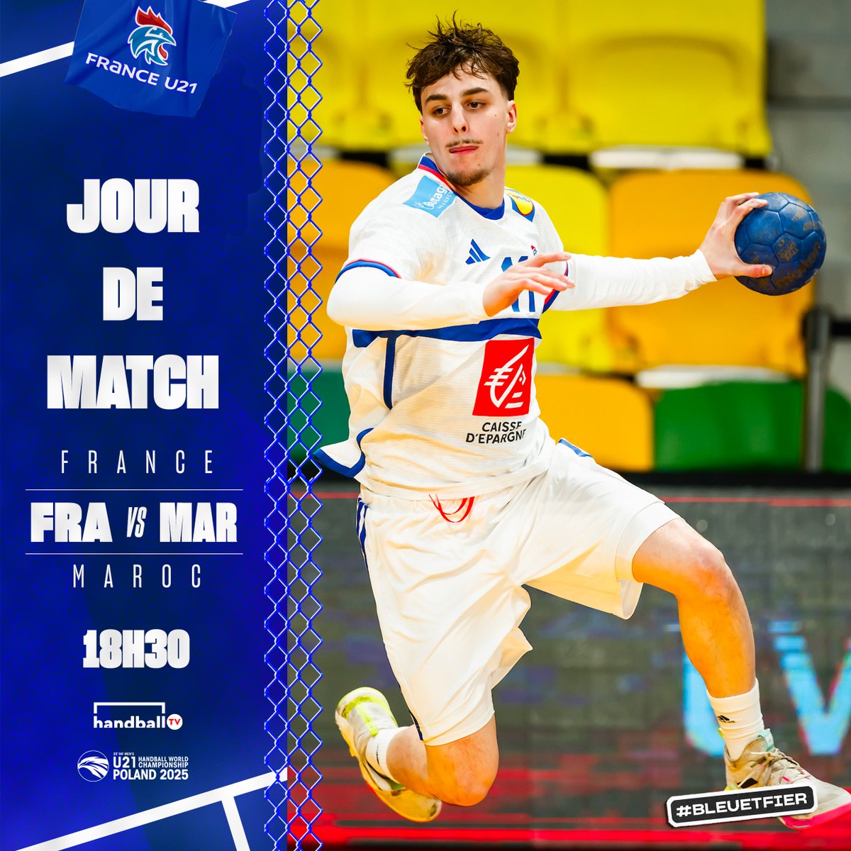 Un deuxième match pour enchaîner ! 📈

Après la large victoire face au Mexique hier (46-17), les U21 défient le Maroc ce soir à 18h30.

La rencontre est diffusée en exclusivité sur HandballTV ! 📺

#BleuetFier