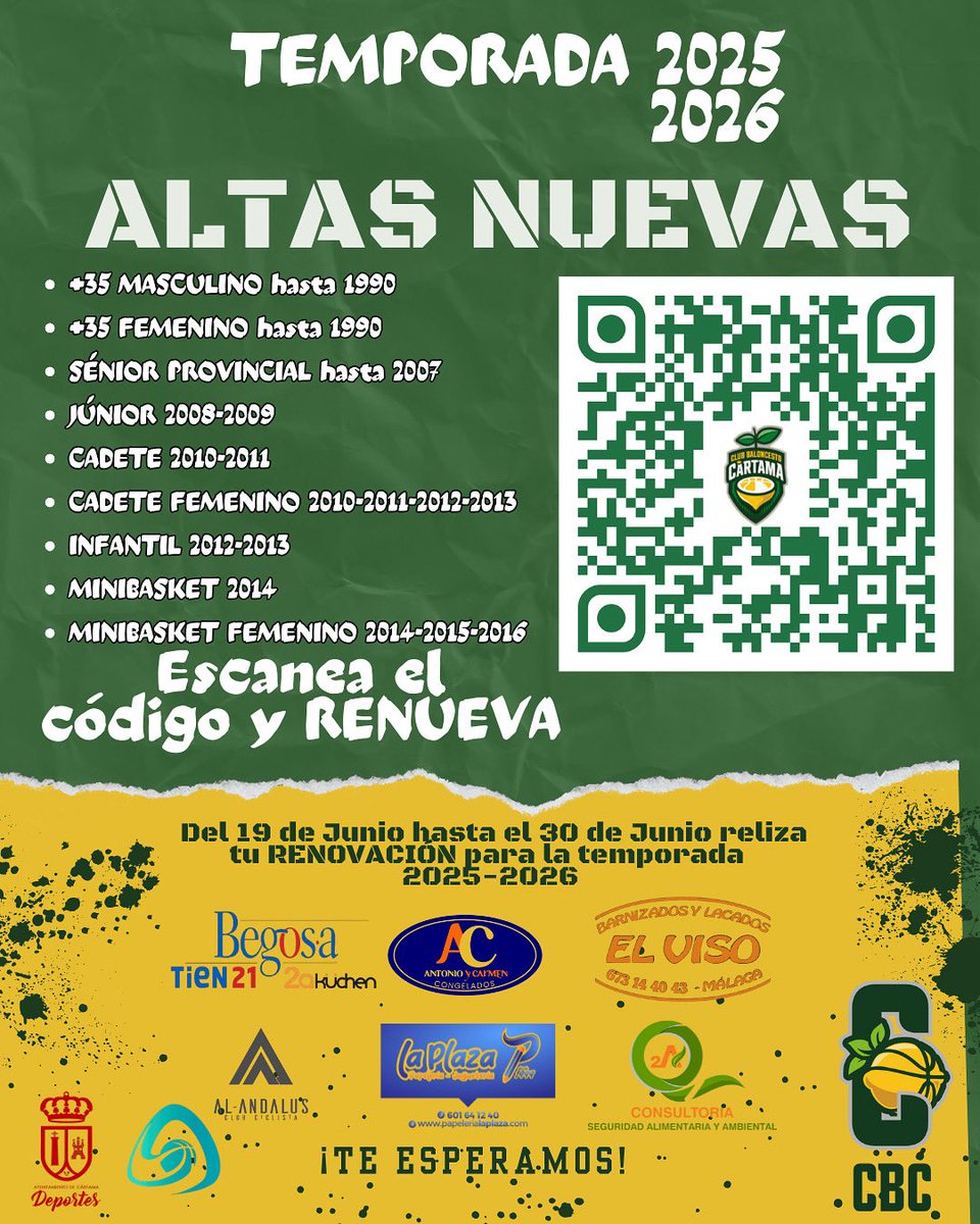 NUEVAS INSCRIPCIONES ¿¿¿Te ha dicho el entrenador que cuenta contigo??? Aquí tienes las inscripciones en el QR.Rellena todos los campos y BIENVENIDO a TU CLUB!!! Recuerda que el Lote 1 es obligatorio que lo elijas en la nueva inscripción. #CrecemosContigo #CBC #BaloncestoCártama